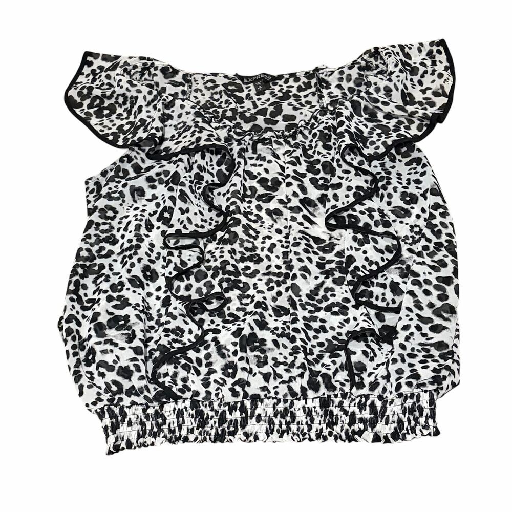 Express Leopard Print Ruffle Top Black White Smocked Hem Size M